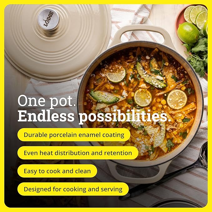 Lodge Essential Enamel Cast Iron Dutch Oven - Perfect for Bread Baking, Braising, Marinating & Slow Cooking - Features Moisture-Sealing Lid & Dual Handles - Kitchen Essentials - 6 Quarts - Sandalwood