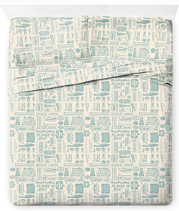 Jay Franco Sheet Set with Fitted, Flat Sheets & Pillow Cover - Ultra-Soft Bedding with Pillowcase for Room Decor, Beige - Fantastic Four, 4 Piece Full