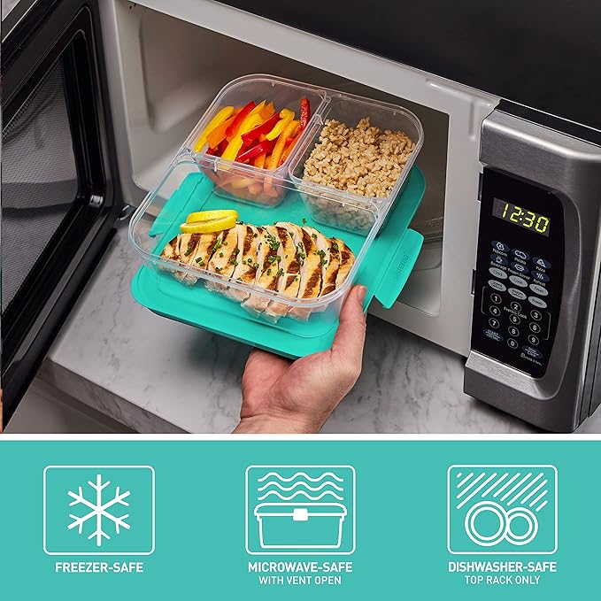Sistema Nest It Meal Prep Food Storage Containers with Lids, 5-Pack of Large 8-Cup Containers with 3 Divided Compartments, Airtight & Leak-Resistant, Dishwasher, Microwave, & Freezer-Safe, BPA-Free