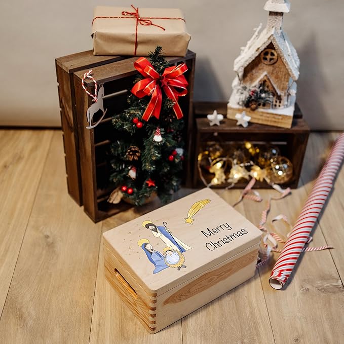 Creative Deco Personalized Christmas Tree Wooden Storage Box | 11.8x7.87x5.51in (+-0.5) | Hinged Lid Handles Engraving | Multiple Choice | Gift Box | Rough UNSANDED Keepsake Memory Souvenir Chest