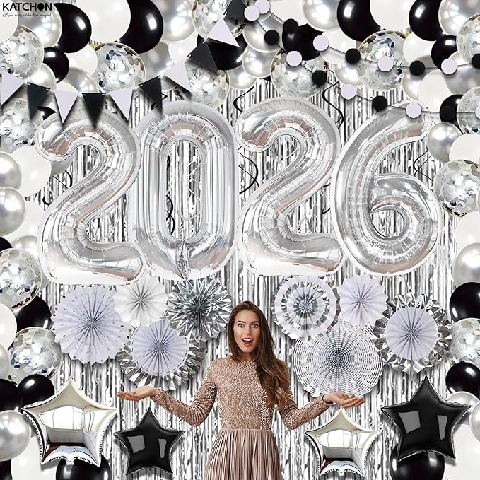 KatchOn, Huge New Years Eve Party Supplies 2026 - Huge Pack of 154 | Silver Fringe Backdrop | 2026 Balloons | Star Balloons For New Years Decorations 2026| NYE Decorations 2026 | New Year Party Decor