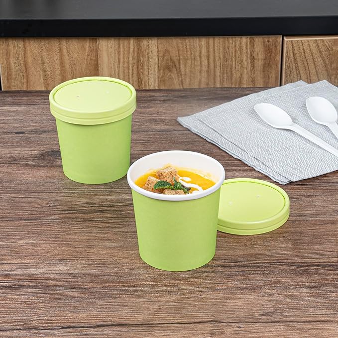 Bio Tek 12 Ounce Disposable Soup Cups, 200 Microwavable Paper Soup Cups - Vented Lids Sold Separately, Hot And Cold Foods, Green Paper To Go Soup Containers, For Desserts Or Treats - Restaurantware