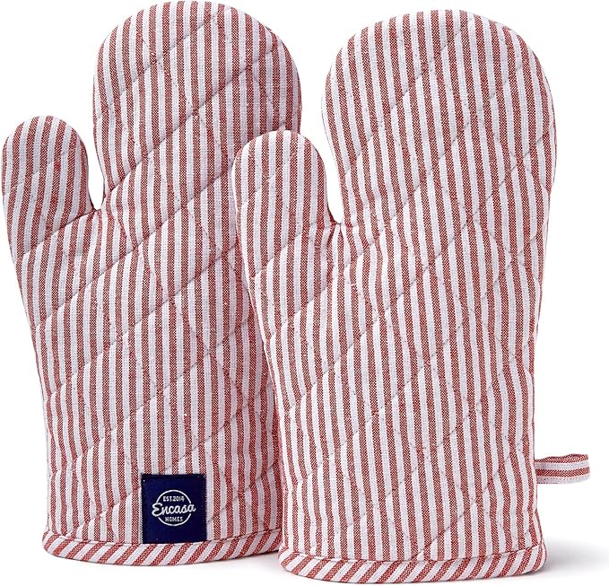 Encasa XO Long 12"x7" Oven Microwave Hand Gloves Mitts (2 pc Set) for Kitchen Cooking & Baking - Heat Resistant, Thick & Safe, Protection of Hands from Hot Utensils - Ticking Red