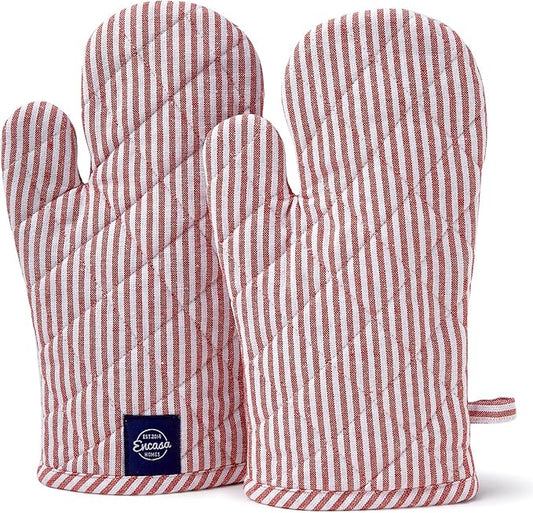 Encasa XO Long 12"x7" Oven Microwave Hand Gloves Mitts (2 pc Set) for Kitchen Cooking & Baking - Heat Resistant, Thick & Safe, Protection of Hands from Hot Utensils - Ticking Red