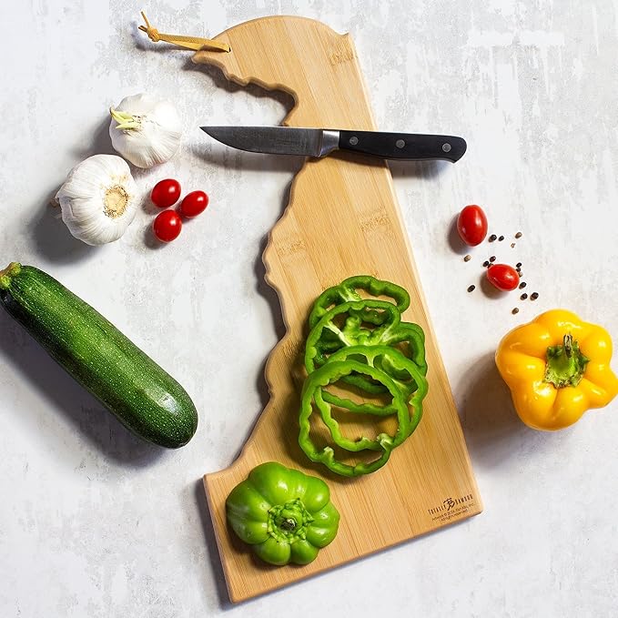 Totally Bamboo Delaware State Shaped Cutting Board and Charcuterie Serving Platter with Artwork by Fish Kiss, Includes Hang Tie for Wall Display