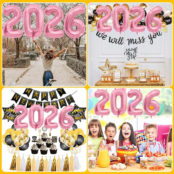 2026 Balloons New Years Eve Party Supplies - 40" Large 2026 Pink Foil Number Balloon New Years Decorations Graduation Balloons Class of 2026 Happy New Year Birthday Anniversary Graduation Decorations