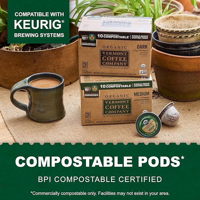 Vermont Coffee Company, Organic Medium Roast, Single-Serve Organic Compostable Coffee Pods, 10CT, Compatible with Most Kcups Brewing Systems, Made in the USA