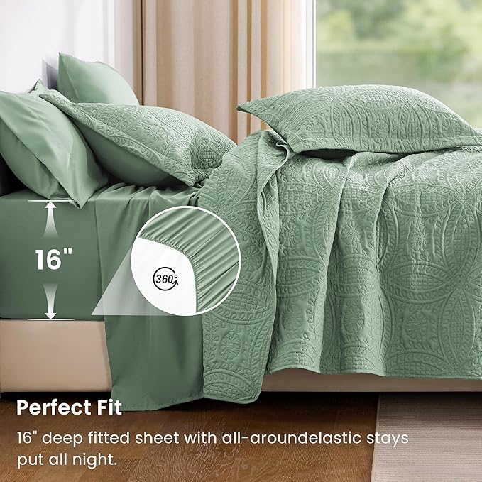 Love's cabin Queen Quilt Set Sage, Bed in a Bag Queen Size Bedding 7 Pieces, Ultrasonic Embossed Coin Pattern Comforter, Lightweight Bedspreads for All Seasons Quilt with Sheets, Pillowcases & Shams