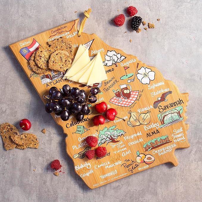 Totally Bamboo Georgia State Shaped Cutting Board and Charcuterie Serving Platter with Artwork by Fish Kiss, Includes Hang Tie for Wall Display