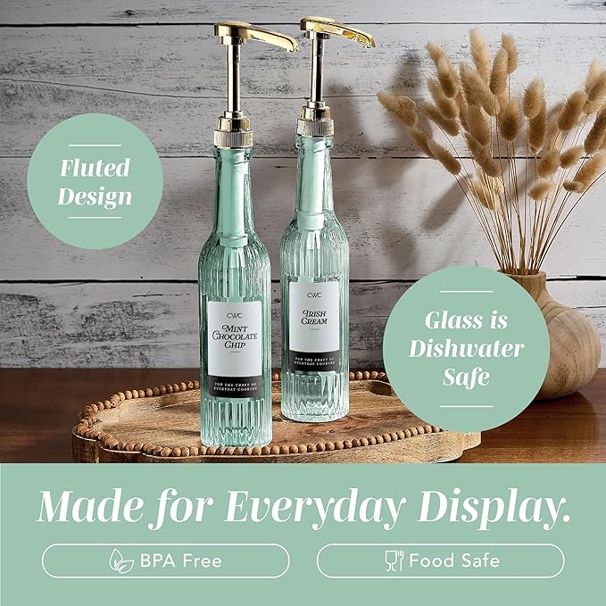 COOK WITH COLOR Glass Coffee Syrup Dispenser with Pump- Set of 2 Syrup Bottles for Coffee Bar, Decorative 350 ML Bottle with Ceramic Holder, Funnel, Labels and Extra Pumps, Textured Sage