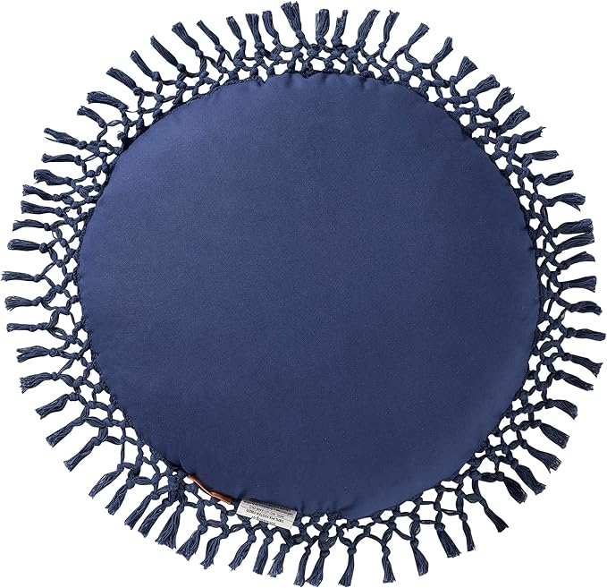 Indigo Ink Round Navy Blue Decorative Throw Pillow with Tassels - 20" x 20" | Cotton Throw Cushion for Couch, Chair, Bed | Cute Home Decor | Soft Plush Filling | Tufted Medallion Collection