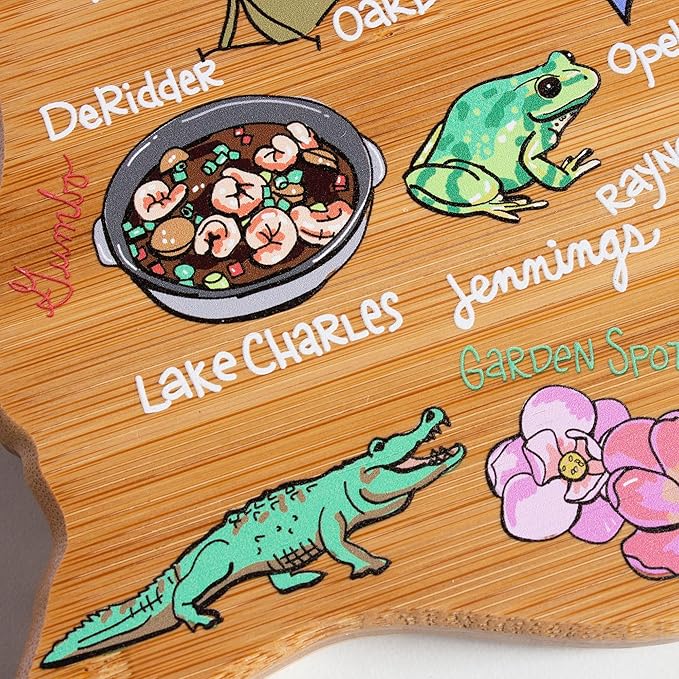 Totally Bamboo Louisiana State Shaped Cutting Board and Charcuterie Serving Platter with Artwork by Fish Kiss, Includes Hang Tie for Wall Display
