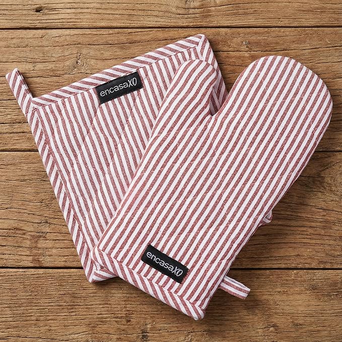 Encasa XO Heat Resistant 100% Cotton Oven Glove & Potholder Set with Loop, Kitchen Cooking Mittens, Microwave Safe Hot Pads (Ticking Red)