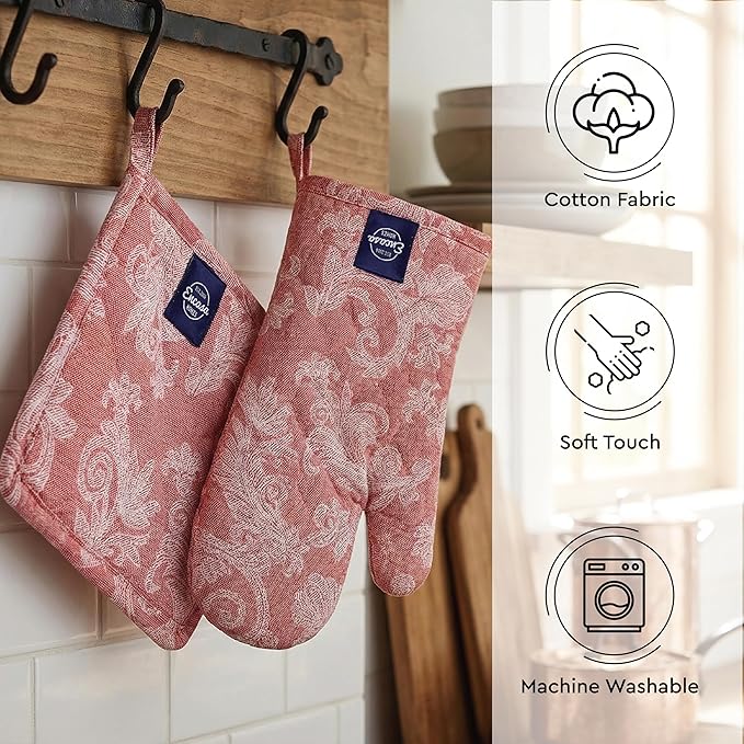 Encasa XO Heat Resistant 100% Cotton Oven Glove & Potholder Set with Loop, Kitchen Cooking Mittens, Microwave Safe Hot Pads (Floral Red)