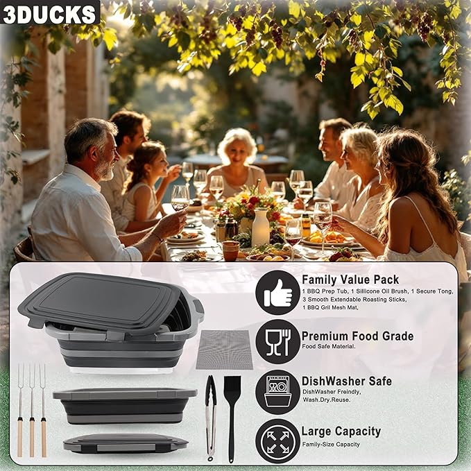 Collapsible BBQ Prep Tub 16L Black | Portable Meat Marinating Container with Locking Cutting Board Lid, BBQ Tongs, Grill Mesh, Silicone Brush & 3 Roasting Sticks for Camping & Outdoor Grilling