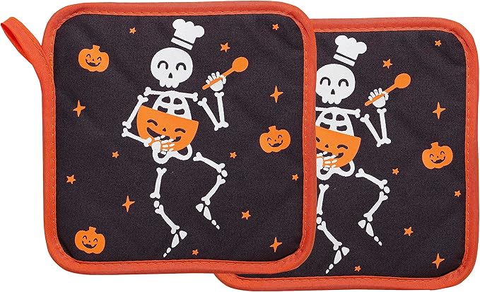 Pearhead Halloween Skeleton Chef Pot Holders Set of 2, Heat-Resistant Kitchen Hot Pads with Hanging Loops, Spooky Pumpkin Design for Cooking, Baking, Serving, and Festive Autumn Holiday Décor