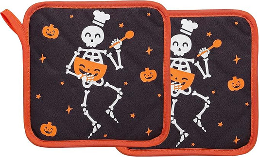 Pearhead Halloween Skeleton Chef Pot Holders Set of 2, Heat-Resistant Kitchen Hot Pads with Hanging Loops, Spooky Pumpkin Design for Cooking, Baking, Serving, and Festive Autumn Holiday Décor