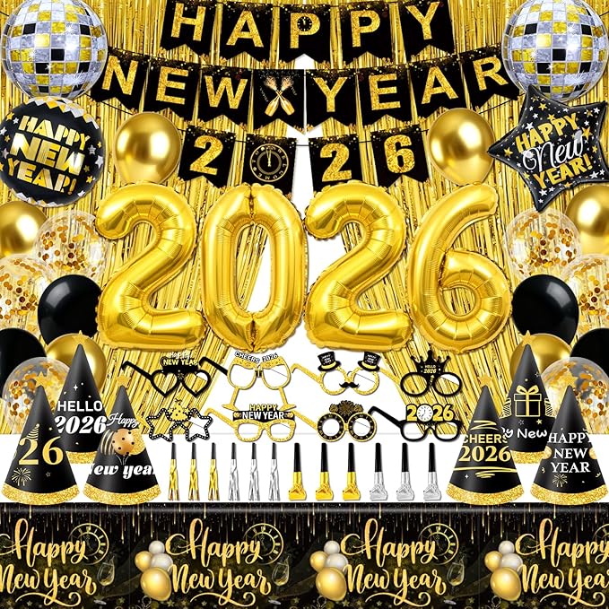 59PCS Happy New Year Party Supplies 2026-New Year Decorations 2026 with Happy New Year 2026 Banner Balloon Paper Glasses Cone Hat Fringe Curtains for Black Gold Happy New Years 2026 Decorations