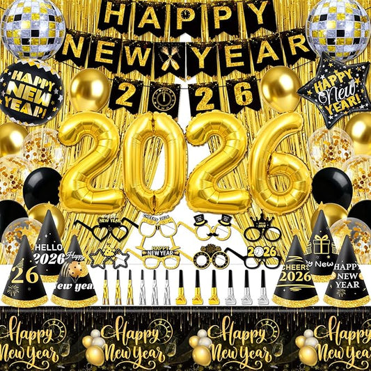 59PCS Happy New Year Party Supplies 2026-New Year Decorations 2026 with Happy New Year 2026 Banner Balloon Paper Glasses Cone Hat Fringe Curtains for Black Gold Happy New Years 2026 Decorations