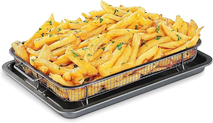 Bakken Swiss Air Fryer Tray – 2-in-1 Nonstick Crisper Basket with Elevated Mesh for Oven Use – Dishwasher Safe, Ceramic Coating, PTFE/PFOA/PFOS-Free, Extra-Large 9.5" x 13", Gray