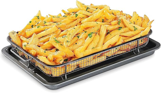 Bakken Swiss Air Fryer Tray – 2-in-1 Nonstick Crisper Basket with Elevated Mesh for Oven Use – Dishwasher Safe, Ceramic Coating, PTFE/PFOA/PFOS-Free, Extra-Large 9.5" x 13", Gray