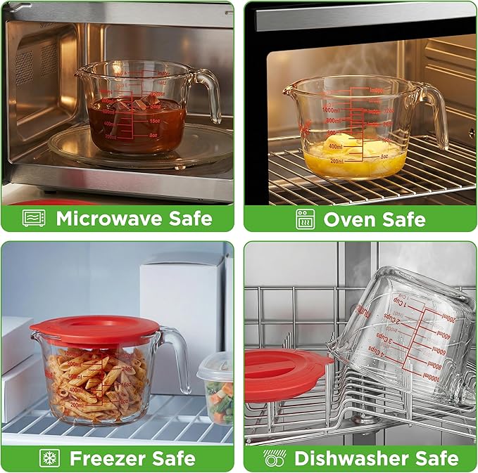 NutriChef 4 Cups Glass Measuring Cup with Lid (34 oz) - Heat-Resistant Borosilicate Liquid Measure Cup with Easy-Read Scale for Cooking, Baking and Food Storage, Dishwasher and Freezer Safe