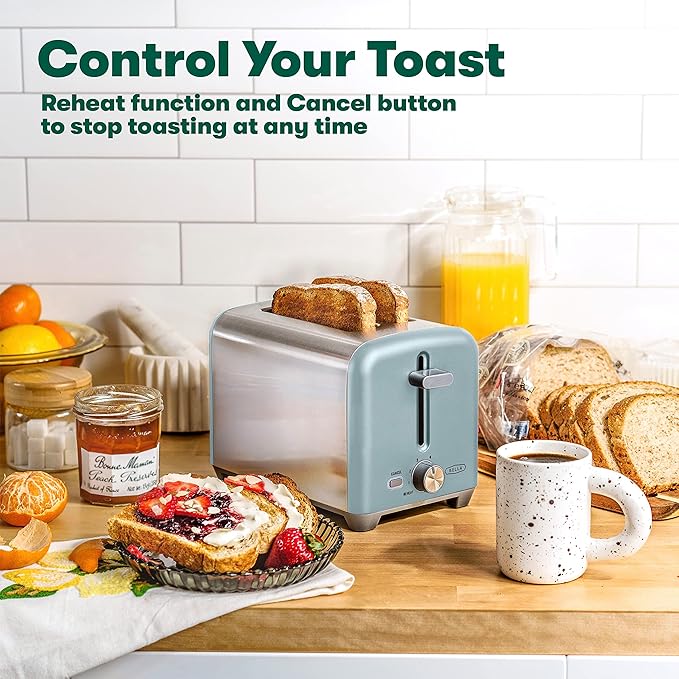 BELLA 2 Slice Toaster, Quick & Even Results Every Time, Wide Slots Fit Any Size Bread Like Bagels or Texas Toast, Drop-Down Crumb Tray for Easy Clean Up, Stainless Steel and Aqua