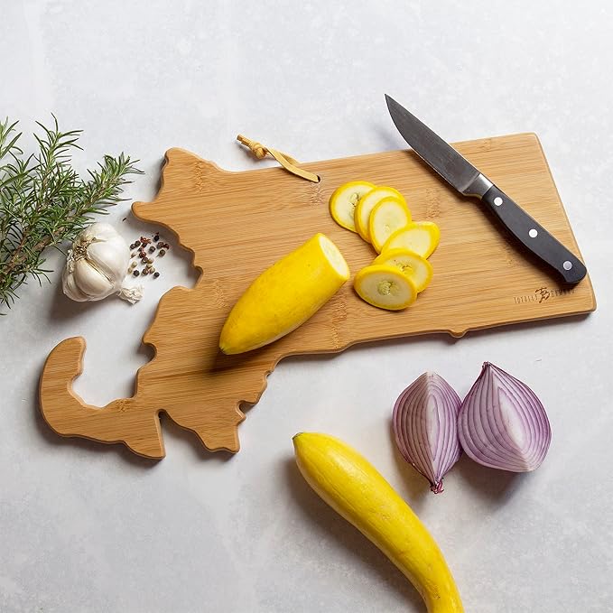 Totally Bamboo Massachusetts State Shaped Cutting Board and Charcuterie Serving Platter with Artwork by Fish Kiss, Includes Hang Tie for Wall Display