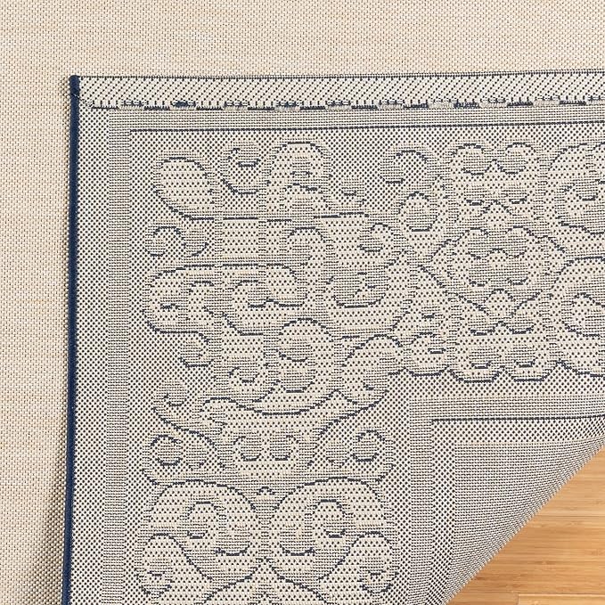 Gertmenian Indoor/Outdoor Flatweave Area Rug - 6x9 Medium, Stain & UV Resistant, Ideal For Deck, Patio, Poolside, Mudroom - Abstract Border, Navy Blue Tan, 22961