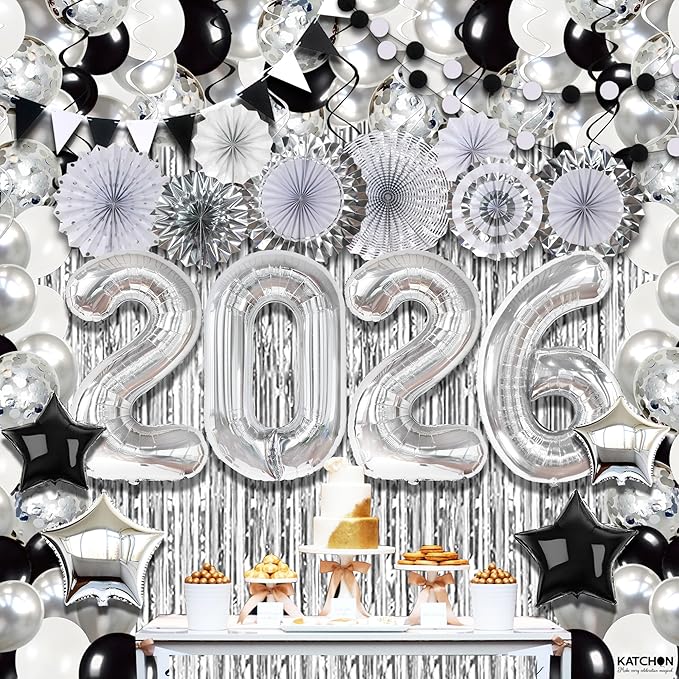 KatchOn, Huge New Years Eve Party Supplies 2026 - Huge Pack of 154 | Silver Fringe Backdrop | 2026 Balloons | Star Balloons For New Years Decorations 2026| NYE Decorations 2026 | New Year Party Decor