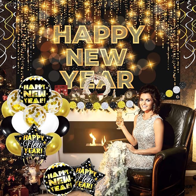 KatchOn, Black and Gold New Years Decorations 2026 - Huge Pack of 50 | New Year Banner and New Year Balloons for New Years Eve Party Supplies 2026