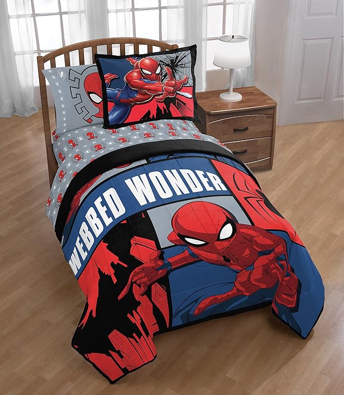 Jay Franco Marvel Spiderman Webbed Wonder 5 Piece Twin Bed Set - Includes Comforter & Sheet Set - Bedding Features Spiderman - Super Soft Fade Resistant Polyester - (Official Marvel Product)