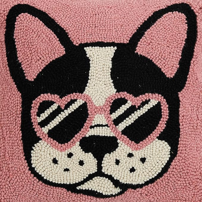Cool French Bulldog with Glasses Wool Hook Pillow by The Pillow Shoppe, 16" Square
