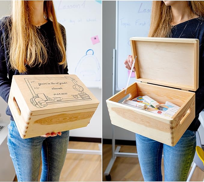 Creative Deco Personalized Wooden Storage Box School Box Minimal | 11.8 x 7.87 x 5.51 in (+-0.5) | Multiple Choice | Hinged Lid Handle Engraving | Unpainted Gift Box | UNSANDED Keepsake Souvenir Chest