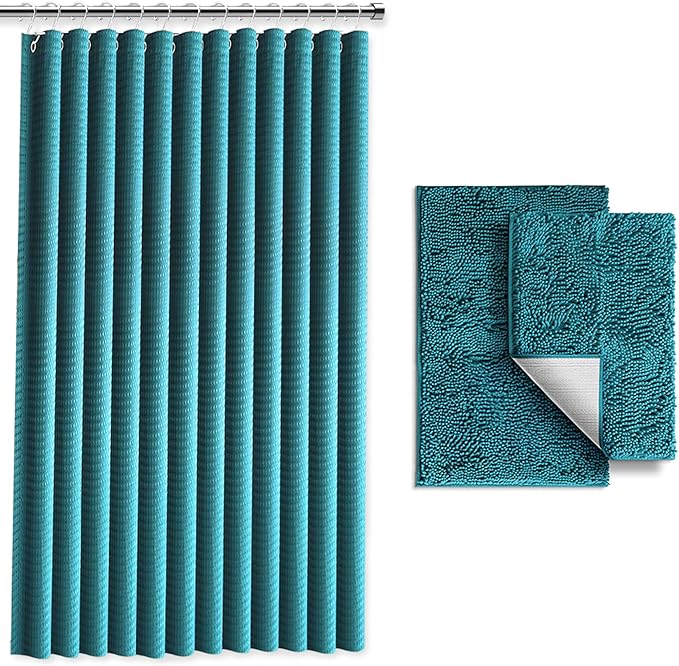 Clara Clark Teal Shower Curtain Set with Rugs - Bathroom Sets with Shower Curtain and Rugs, Fabric Shower Curtains and 2 Bath Mats, Modern Bathroom Shower and Curtain Sets for Tub Or Stall