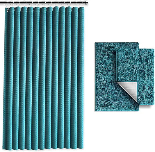 Clara Clark Teal Shower Curtain Set with Rugs - Bathroom Sets with Shower Curtain and Rugs, Fabric Shower Curtains and 2 Bath Mats, Modern Bathroom Shower and Curtain Sets for Tub Or Stall
