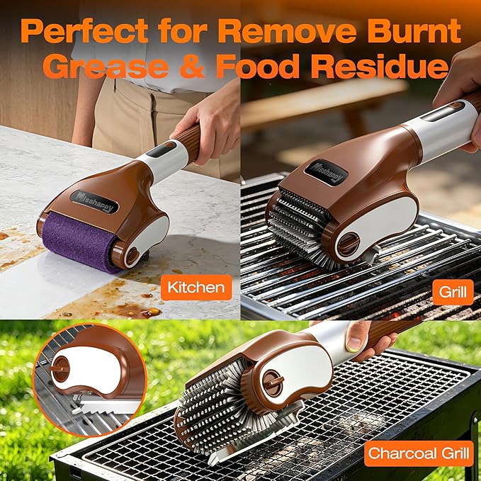 Electric Grill Brush - 4000mAh Cordless BBQ Grill Cleaner 2 Speed - 800RPM Bristle Free BBQ Grill Cleaner Tool Rechargeable with Scraper/LED Light/LED Display for Outdoor/Camping (Brown)