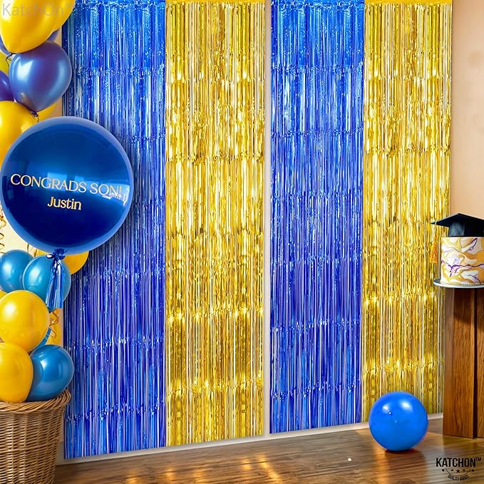 KatchOn, Blue and Gold Fringe Backdrop for Parties - XtraLarge, Pack of 2 | Blue Fringe Backdrop | 2026 Graduation Party Decorations | Graduation Decorations 2026