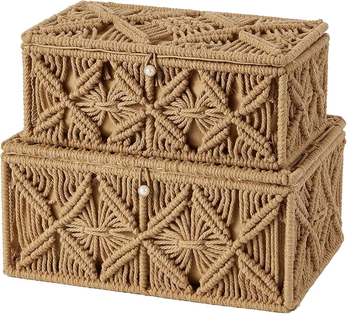 2PCS Decorative Boho Storage Baskets with Lid Bohemian Macrame Jewelry Box Handmade Natural Cotton Rope Woven Bins Memory Keepsake Photo Makeup Organizer Container (Khaki, 1 Large 1 Small)