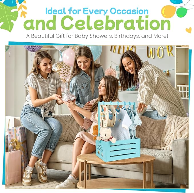Wooden Baby Shower Crate Closet – with Handle, Smooth Surface & Round Edges – Textured Natural Wood - New Born Welcome Gift Hamper for Boys & Girls - Pregnancy Gifts for New Parents (Baby Blue)