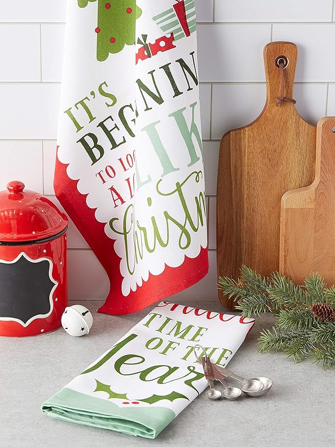 DII Holiday Kitchen Towel Set, Christmas Tea Towels for Baking, Cooking & Entertaining 18x28, Holiday Sayings, 2 Piece (Pack of 2)