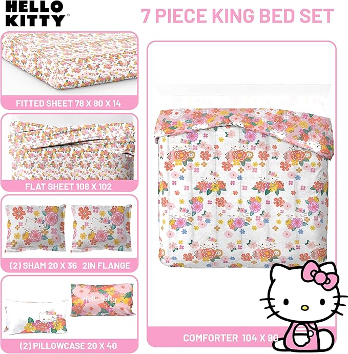 Jay Franco Hello Kitty King Size Comforter Set - 7 Piece Bedding Includes Sheet Set & Pillow Covers - Super Soft Floral Bedding