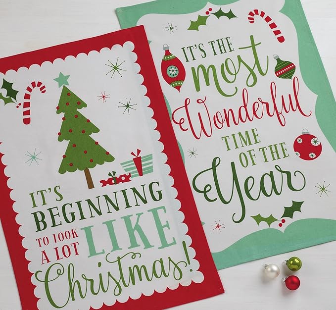 DII Holiday Kitchen Towel Set, Christmas Tea Towels for Baking, Cooking & Entertaining 18x28, Holiday Sayings, 2 Piece (Pack of 2)