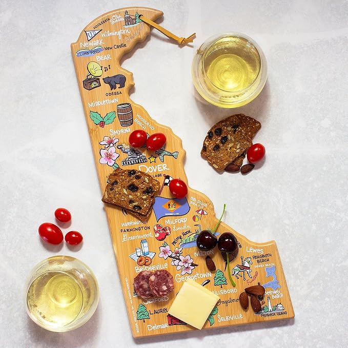Totally Bamboo Delaware State Shaped Cutting Board and Charcuterie Serving Platter with Artwork by Fish Kiss, Includes Hang Tie for Wall Display