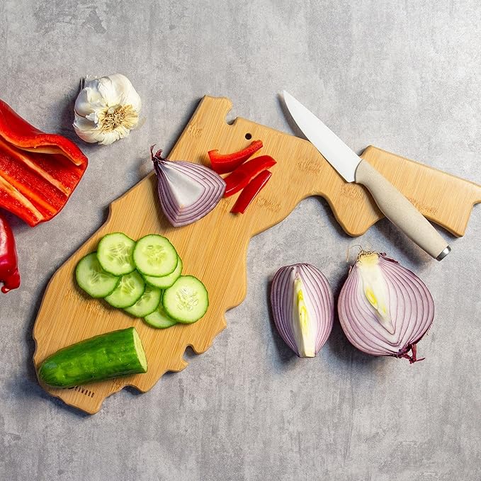 Totally Bamboo Florida State Shaped Cutting Board and Charcuterie Serving Platter with Artwork by Fish Kiss, Includes Hang Tie for Wall Display