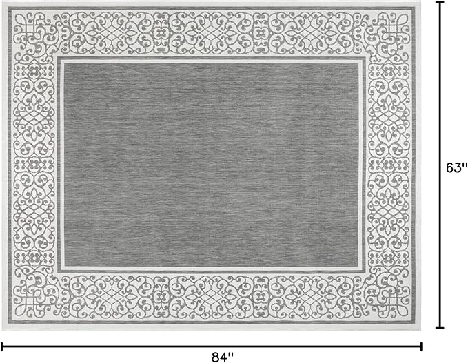 Gertmenian Indoor/Outdoor Flatweave Area Rug - 8x10 Large, Stain & UV Resistant, Ideal For Deck, Patio, Poolside, Mudroom - Abstract Border, Dark Grey White, 22947