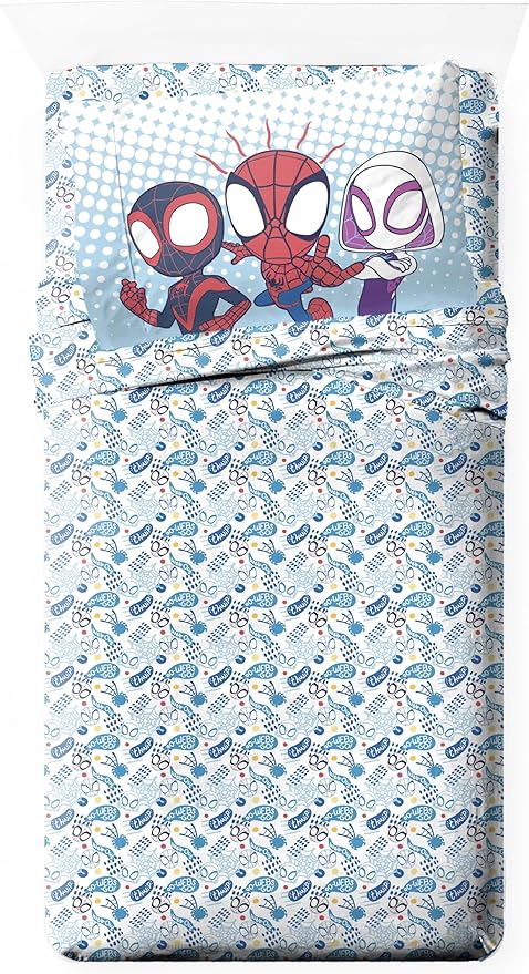 Jay Franco Kids Sheet Set with Fitted, Flat Sheets & Pillow Cover - Ultra-Soft Bedding with Pillowcase for Room Decor, Multi - Spidey & Friends, 3 Piece Twin