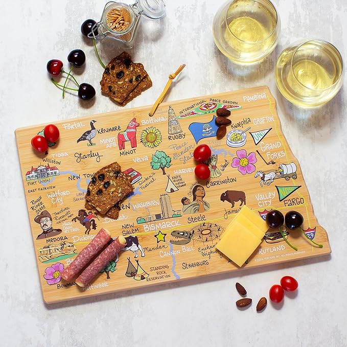 Totally Bamboo North Dakota State Shaped Cutting Board and Charcuterie Serving Platter with Artwork by Fish Kiss, Includes Hang Tie for Wall Display