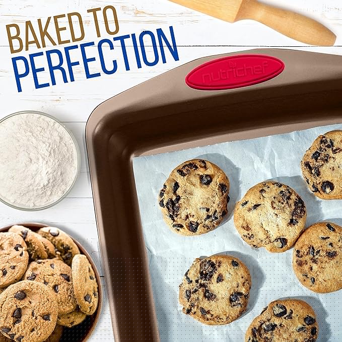 NutriChef 2-Piece Baking Pan Set - Premium Non-Stick Coating Carbon Steel Bakeware w/ Silicone Handles - PFOA, PFOS, PTFE Free Kitchen Oven Bake Tray, Cookie Sheets - Bronze, 17.3"x11.4"x1.2"