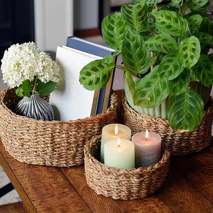 WHW Whole House Worlds Wicker Bread Basket Bowls, Set of 3, Thick Chunky Seagrass, Sweater Weave, Decorative, 11.75, 9.75, and 7.75 D Inches